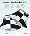 Fire Black And White Piano Grid Print Bucket Hat With Double Sided Reflective Trim Unisex Lightweight Polyester Sun Shield Cap For Summer Vibes And Travel, showing reversible design with black and white grid pattern.
