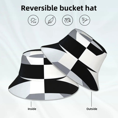 Fire Black And White Piano Grid Print Bucket Hat With Double Sided Reflective Trim Unisex Lightweight Polyester Sun Shield Cap For Summer Vibes And Travel, showing reversible design with black and white grid pattern.