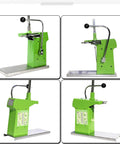 Smooth Operator Manual Bag Clipper Sealer Stapler With Two Thousand U Shaped Staples For Retail Store Bins And Grocery Sacks Bags It Tight And Cuts Messy Ends in green with metal base, showcasing different angles.