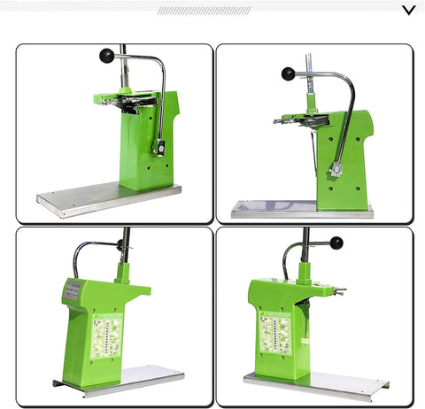 Smooth Operator Manual Bag Clipper Sealer Stapler With Two Thousand U Shaped Staples For Retail Store Bins And Grocery Sacks Bags It Tight And Cuts Messy Ends in green with metal base, showcasing different angles.