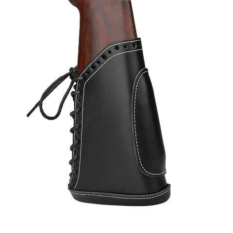 Leather Recoil Pad With Shell Holder For Rifle Buttstock Cheek Riser, Lace On, Black, Holds Up To Six Shells, Adjustable Strap View