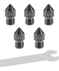 Five Pack 0.6mm Hardened Steel MK8 Nozzles For 3D Printing, Built Tough For High Temp, Wear Resistant, with Flat Wrench