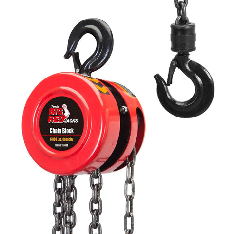 Top Shelf Manual Chain Block Hoist With Double Hook Setup And Precision Load Brakes, 6000 lb capacity, heavy-duty red and black design.