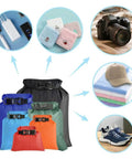 6 Pack Waterproof Dry Bags For Kayaking And Outdoor Adventures with camera, shoes, and towels to show protection capability