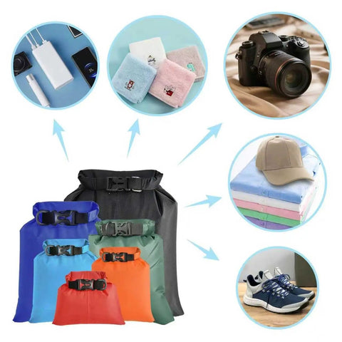 6 Pack Waterproof Dry Bags For Kayaking And Outdoor Adventures with camera, shoes, and towels to show protection capability