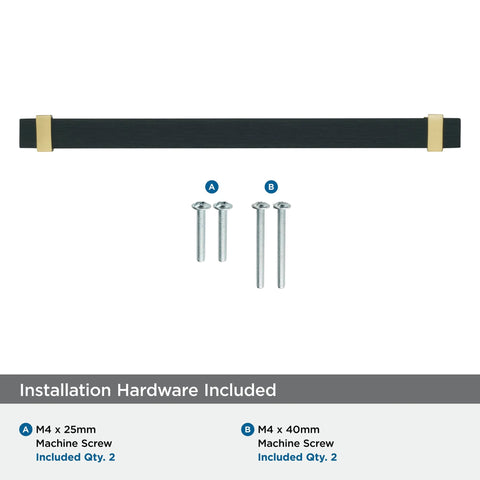 Overton Two Tone Cabinet Pull in Brushed Matte Black and Brushed Gold, 8-13/16 Inch Center to Center with screws shown