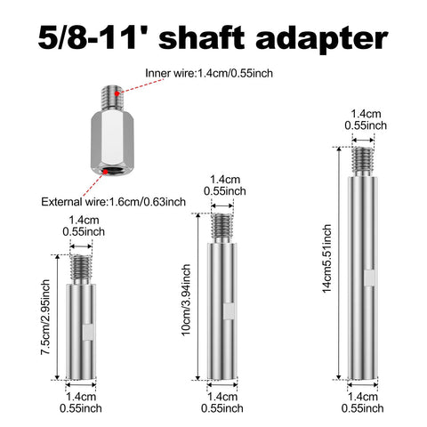 Beefy Three Piece Angle Grinder Extension Shaft Set With Rock Solid 5/8 To 11 Thread Fit, showing three steel shaft extenders.