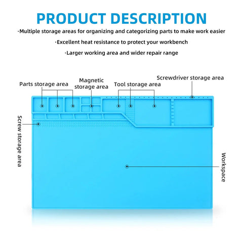 Large Silicone Solder Mat Heat Resistant To 932 F Magnetic Repair Surface With Built In Ruler And Storage Pockets Light Blue