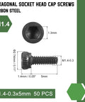 50 Piece Kit of M1.4 by 5mm Hex Socket Head Cap Screws Made from Tough Carbon Steel with Wicked Smooth Black Finish showing dimensions and details.