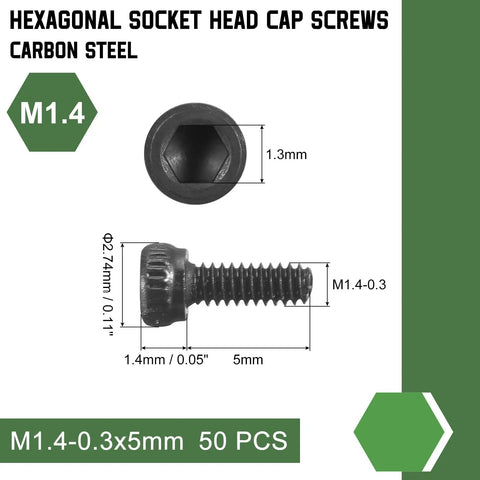 50 Piece Kit of M1.4 by 5mm Hex Socket Head Cap Screws Made from Tough Carbon Steel with Wicked Smooth Black Finish showing dimensions and details.