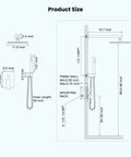 Dimensions and layout of Brushed Nickel Wall Mount Shower Faucet Set With 12 Inch Square Rainfall Showerhead, 2 In 1 Cylindrical Handheld Shower.