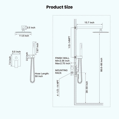 Dimensions and layout of Brushed Nickel Wall Mount Shower Faucet Set With 12 Inch Square Rainfall Showerhead, 2 In 1 Cylindrical Handheld Shower.