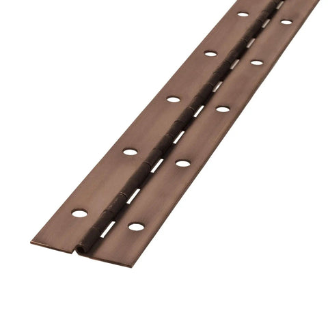 Built Different Statuary Bronze Plated Piano Hinge Measuring One Point Five Inches Wide By Thirty Six Inches Long With Dense Steel Core And Smooth Continuous Swing For Restoration Builds, close-up view.