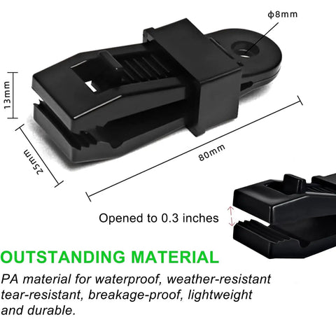 Heavy Duty Lock Grip Tarp Clips 30 Pcs showing dimensions and open clip with PA material description in black