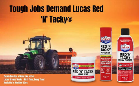 Red N Tacky Red Grease Heavy Duty Multi Purpose Lubricant For High Temperature Bearings And Industrial Machinery Built To Take The Heat And Tough As Nails Under Extreme Pressure In A 2 Pack displayed with tractor