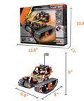 3-In-1 STEM RC Building Kit With Tracked Car, Robot, And Tank, 2.4GHz Rechargeable Remote, Kid-Approved Engineering Toy Set For Ages 8 To 14, 392 Pieces Of Hands-On Science Fun. Box and assembled tracked car, 13.8 x 10.8 x 2.8 in