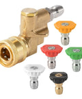 LOVHO pressure washer kit with brass pivoting quick-connect, five 1/4-inch nozzle tips in orange, red, green, white, black