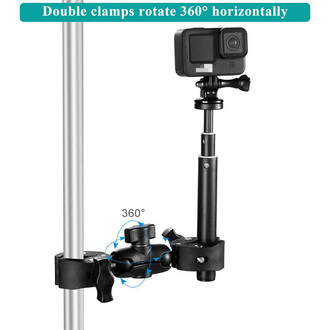 Double Clamp Camera Mount With 360 Degree Arm And 180 Degree Tilt, clamped to a pole holding a camera.