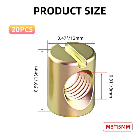 M8x15mm cross dowel nut from 20 Piece M6 Slotted Cross Dowel Nut Barrel Nuts Kit For Furniture Beds Cribs And Chairs Replacement