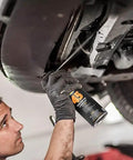 Mechanic applying Penetrating Lubricant For Metal Moving Parts, 17 Oz Can, Heavy Duty Oil That Slips In To Reduce Friction on car's underside