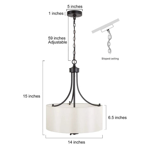 Totally Chic Modern Farmhouse Drum Chandelier With Linen Fabric Shades for Dining Room, adjustable chain, 16 inch diameter