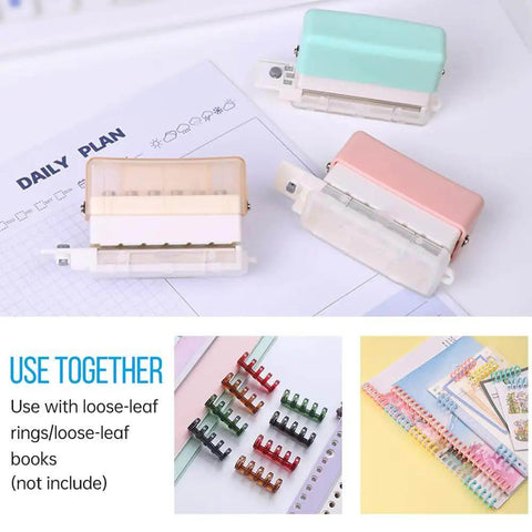 Three Six Hole Round Paper Punch Handheld Circle Punch For A4 A5 B5 Notebooks in pink, green, transparent brown colors displayed on planner
