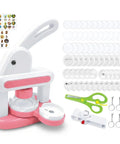Awesome Button Maker Machine Badge Punch Press Pin Kit With 55mm And 35mm Sizes For Badges Includes 36 Buttons With Magnet Backs Six Keychains Metal Circle Cutter And Scissors For Cutting Perfect For Home Business Creators Making Gifts Right Now. Button maker machine with pink base, white press, button parts, keychains, and scissors.