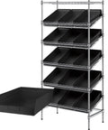 Heavy Duty 18 By 36 By 74 Inch Black Wire Shelving Rack With Fifteen Slanted Storage Bins showing black bins and shelves.