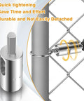 11 Gauge Chain Link Fence Twist Tie Tool Stainless Steel EZ Tool for Keyless Drills in use on wire fence