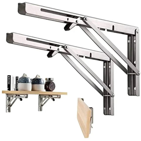 Stainless Steel Folding Shelf Brackets Set Of Four Wall Mounted Heavy Duty Collapsible Table Hinges with wooden shelf example