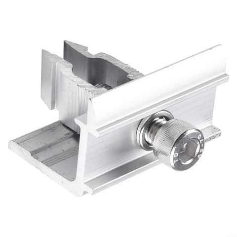 Slick Stainless Steel Solar Panel End Clamp for 30 to 50mm Frame with Quick Click Mounting Clip showing detailed metal fastener design.