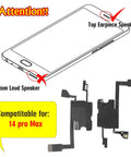 Diagram highlighting iPhone 14 Pro Max top earpiece speaker replacement location with compatibility note for models A2894, A2651, A2893, A2895.