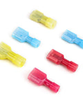 Nylon insulated spade quick-disconnect terminals kit with six connectors in red, blue and yellow; male and female ends.