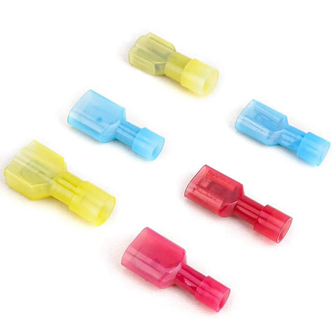 Heavy Duty Nylon Spade Connector Kit Featuring Thick Tinned Brass Insulated Crimp Wire Connectors For Seamless Automotive Wiring Jobs, assorted colors.
