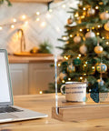 Engineer Definition Acrylic Sign Desk Decor 4 x 4 inches with wooden frame on desk with festive lights in background.