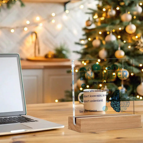 Engineer Definition Acrylic Sign Desk Decor 4 x 4 inches with wooden frame on desk with festive lights in background.