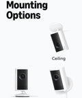 Wireless Indoor Security Camera With Retinal 2K Video And 6X Optical Zoom mounted on tabletop, wall, and ceiling options.