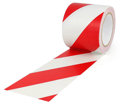 High Visibility Red And White Floor Marking Tape 4 Inch By 108 Feet Self Adhesive Waterproof Caution Strip rolled out on surface