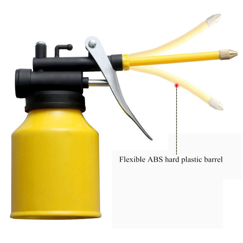 Front view HUAXIU oil can pump oiler, 8oz/250ml metal lubrication can with 9in flexible and 3in straight spouts