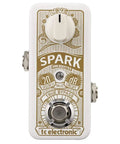 Spark Mini Booster Pedal Delivers Ultra Compact All Analog Boost With PrimeTime Switching For Clean 20 dB Push, gold and white design
