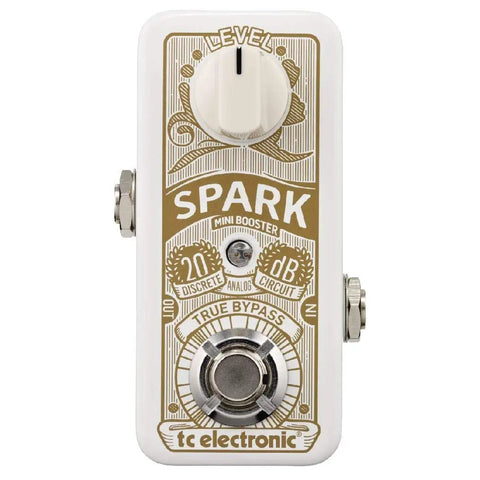Spark Mini Booster Pedal Delivers Ultra Compact All Analog Boost With PrimeTime Switching For Clean 20 dB Push, gold and white design