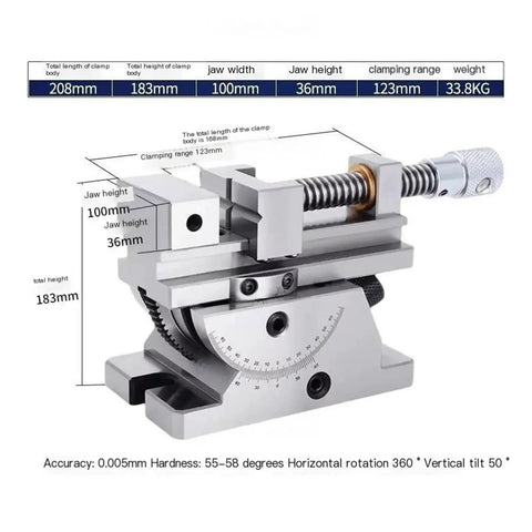 Heavy Duty Slat Angle Vice With Sine Tiltable Grip And Stainless Steel Jaws For Precision Workholding, showcasing dimensions and accuracy.