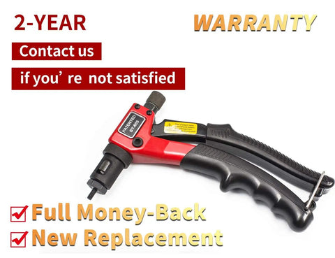 8 Inch Rivet Nut Gun With Nut Setting System for M3 M4 M5 M6 and Threads One Quarter Twenty M10 24 Eight Thirty Two Six Thirty Two Hand Riveter Riveting Tool With Ergonomic Aluminum Body And Rotary Nut Loading For Easy One Hand Operation Pro Grade Build shown with warranty offer.