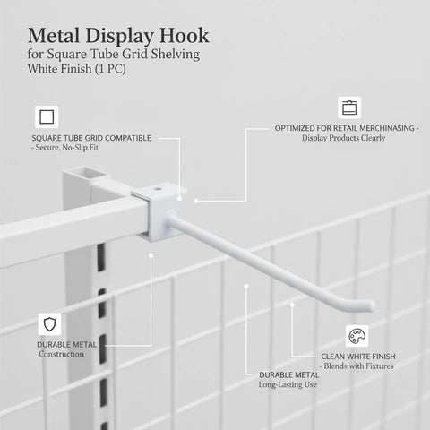 Square Profile Metal Grid Hook For Retail Displays, Secure Mount Hanger with white finish on grid shelving