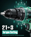 Close-up of Go-To Cordless Hammer Drill Set With 20V 2.0Ah Battery Two-Pack, 21 Plus 3 Clutch showing torque settings.