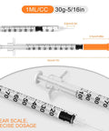 Disposable Syringe Kit With 30 Gauge Five Sixteenths Inch Needle 1 Milliliter Capacity 30 Individually Wrapped Per Pack Leak Proof Plunger Clear Unit Markings For Precise Dosing Pro Grade Lab Work, 1mL syringe with orange cap and clear scale
