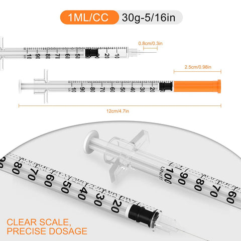 Disposable Syringe Kit With 30 Gauge Five Sixteenths Inch Needle 1 Milliliter Capacity 30 Individually Wrapped Per Pack Leak Proof Plunger Clear Unit Markings For Precise Dosing Pro Grade Lab Work, 1mL syringe with orange cap and clear scale
