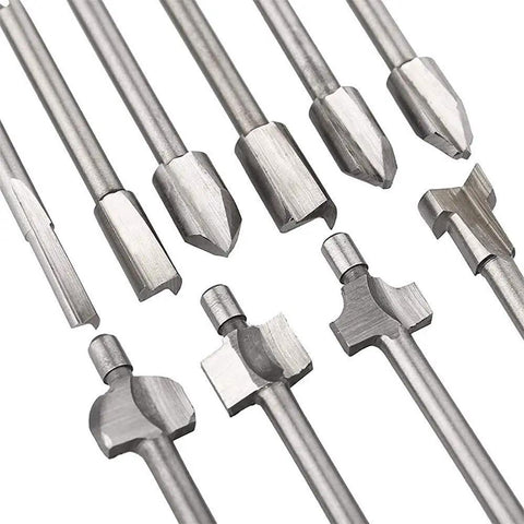 Ten Piece HSS Router Bit Set With One Eighth Inch Shank For DIY Woodworking Handyman Pro Grade Straight Trim V Groove