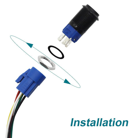 12V SPDT Horn Button Push Switch With Blue LED, Five Eighth Inch Sixteen Millimeter Momentary Car Button For Vehicle Horn, Durable Black Shell And Easy Install For DIY Auto Projects, wiring and mount parts