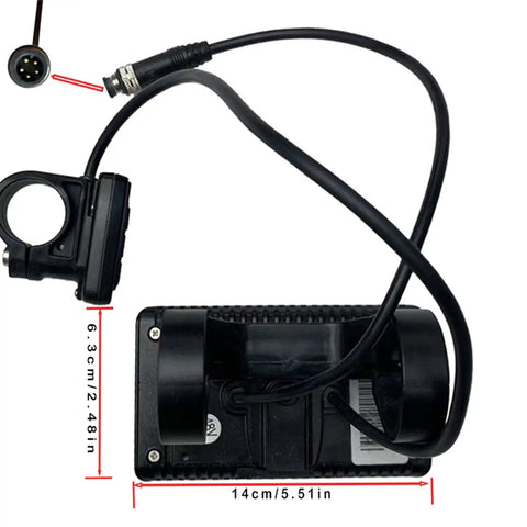 Waterproof LCD Bike Display And Computer For 48V Ebikes With 5 Pin Connector and mounting dimensions in view.